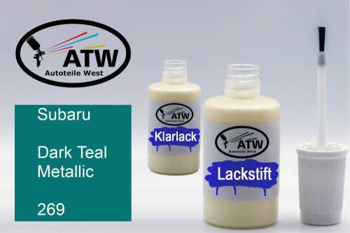 Subaru, Dark Teal Metallic, 269: 20ml Lackstift + 20ml Klarlack - Set, von ATW Autoteile West.